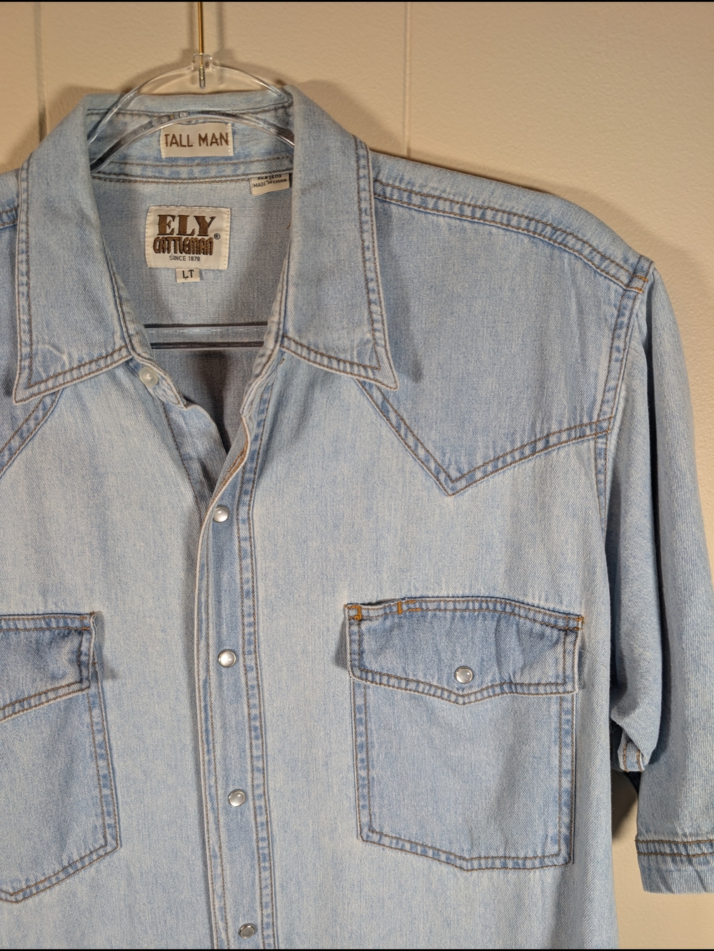 Ely Cattleman Denim Western Shirt Tall Man LT Light Wash Pearl Snap Cowboy - Picture 2 of 8